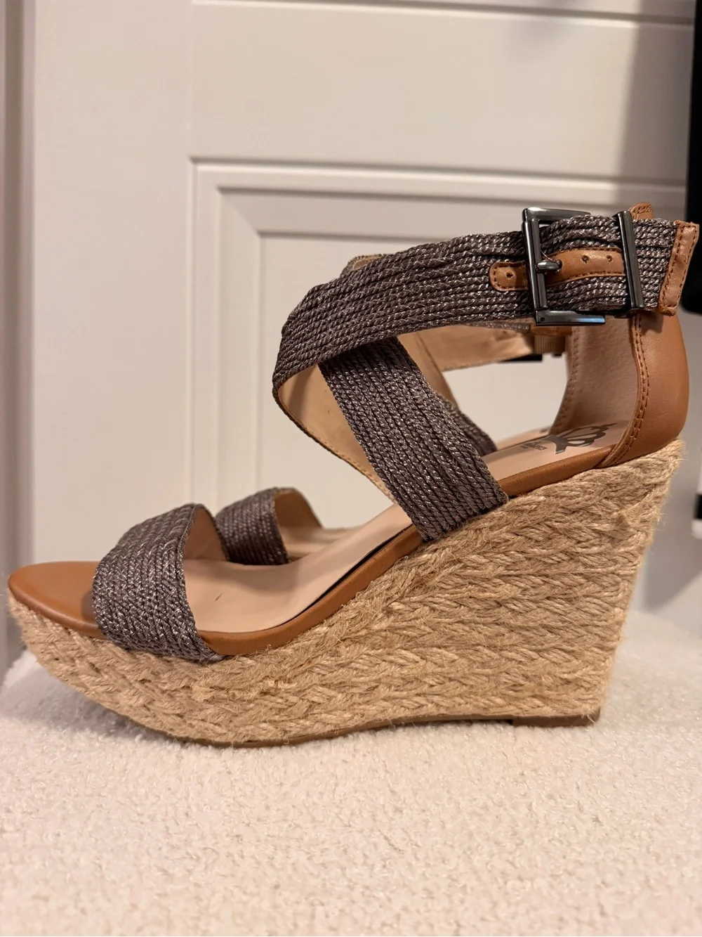 Fergalicious Wedge Espadrille Sandals with Metallic Gray Straps